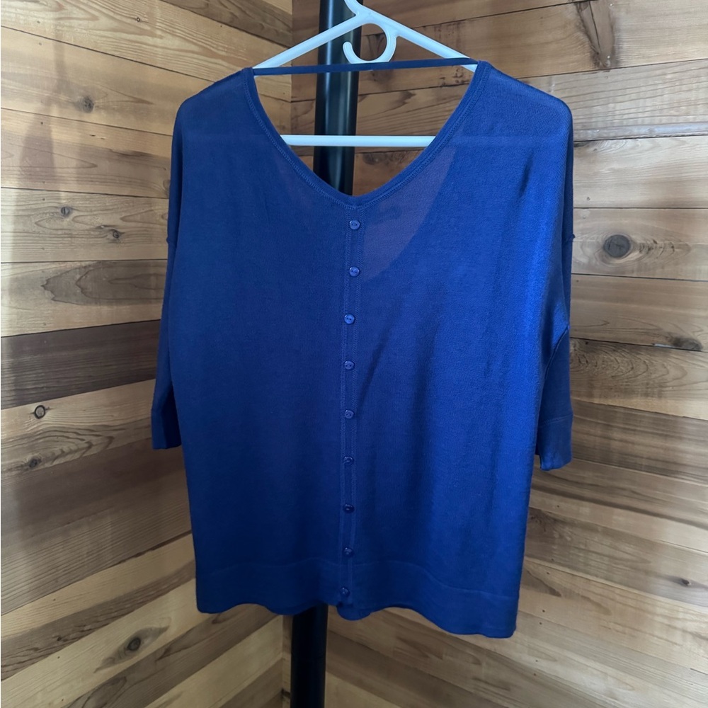 Cable & Gauge Button Knit Top Small Blue V-Neck 3/4 Sleeve Y2K Indie Sleaze